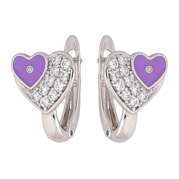 Серьги Xuping Родий английский замок Сердечки с кристаллами и сиреневой эмалью фото №15
