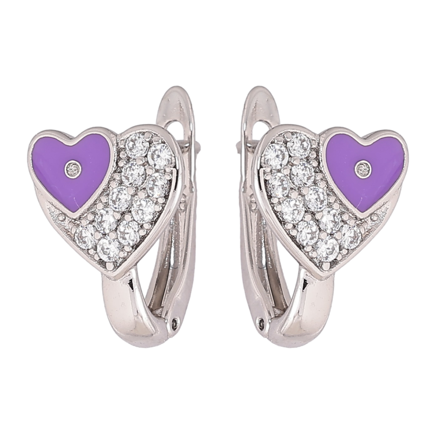 Сережки Xuping Родій англійський замок «Сердечка з кристалами та бузковою емаллю» фото №1