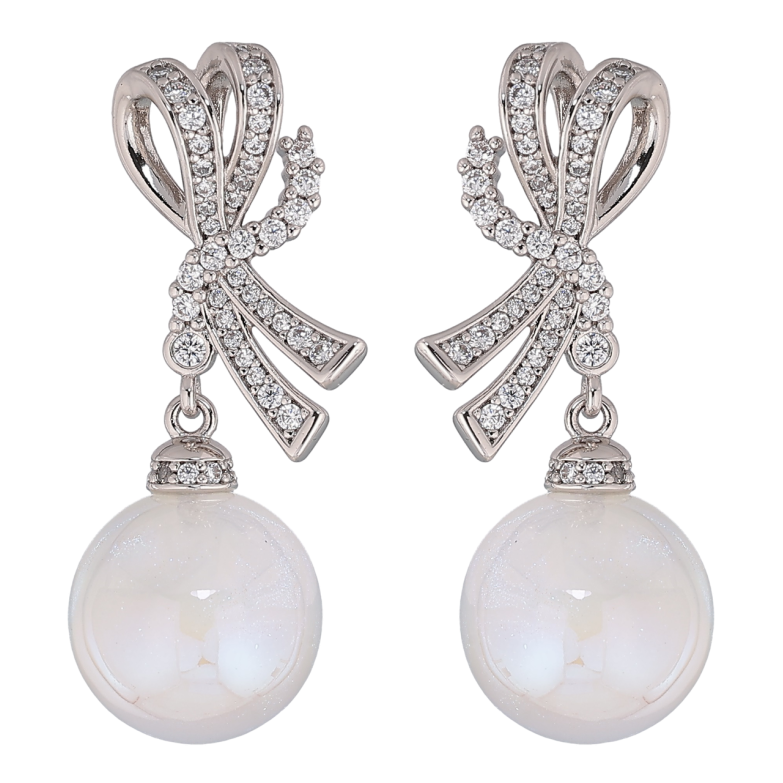 Серьги Xuping Родий пусеты Банты с перламутровыми шариками фото №1 Серьги Xuping Родий пусеты Банты с перламутровыми шариками фото №1