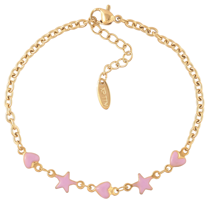 Браслет Xuping ТТМ Stainless Steel цвет 14К Цепочка с вставкой розовая эмаль с доп.цеп 18-21см х 3мм фото №1