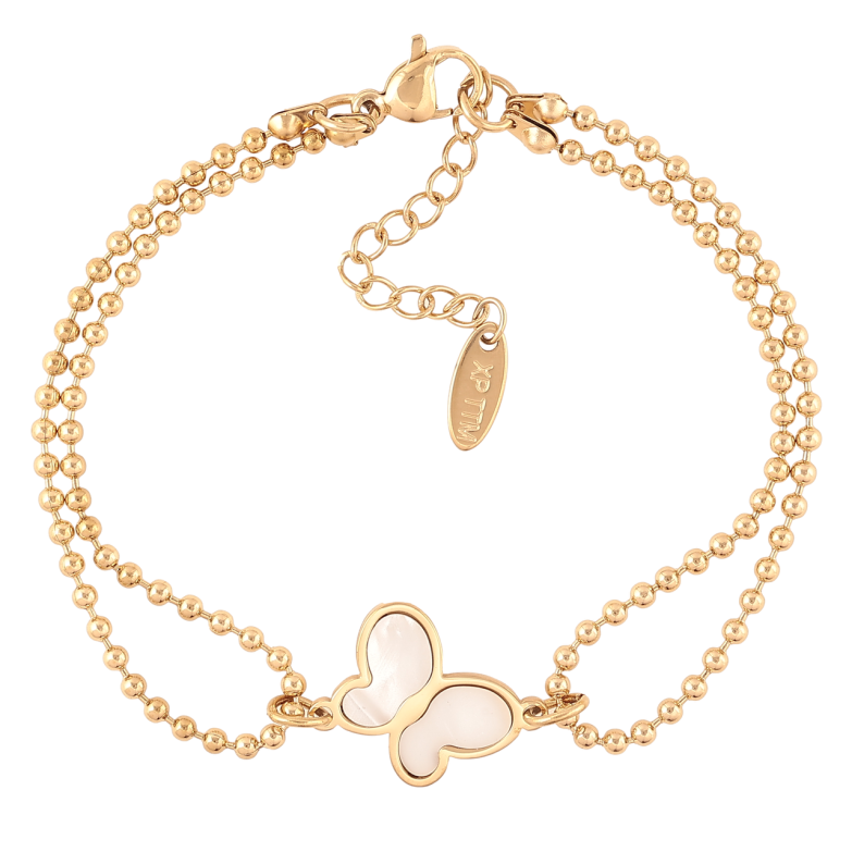 Браслет Xuping ТТМ Stainless Steel колір 14К «Ланцюжок подвійний з перламутровим метеликом» з доп.ланцюгом 17-20см х 4мм фото №1