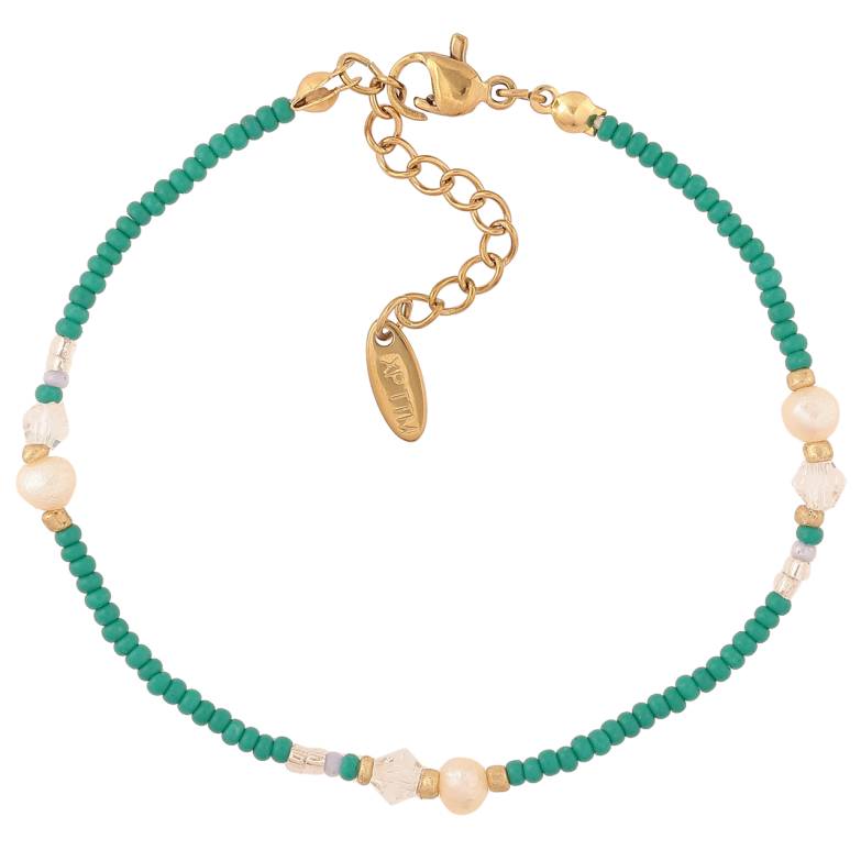 Браслет Xuping ТТМ Stainless Steel цвет 14К Зеленый бисер с жемчужными бусинами с доп.цеп 17.5-20.5см х 2мм фото №1