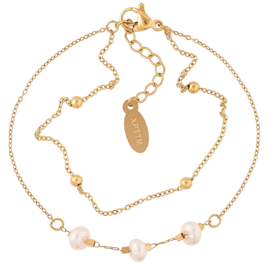 Браслет Xuping ТТМ Stainless Steel цвет 14К Двойная цепочка с жемчужными бусинами с доп.цеп 17-19.5см х 2мм фото №1