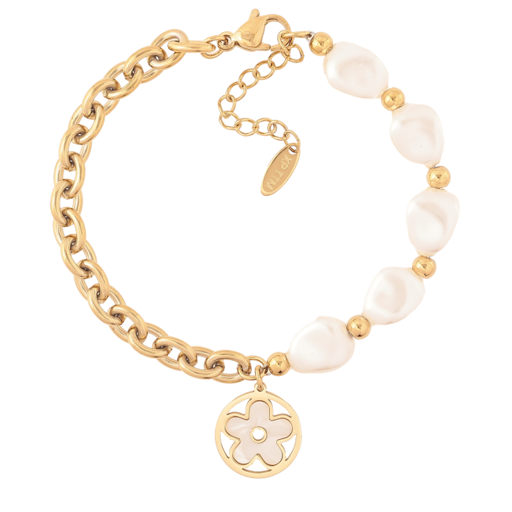 Браслет Xuping ТТМ Stainless Steel цвет 14К Цепочка с жемчужными бусинами и цветочком с доп.цеп 18-21см х6мм фото №2 Браслет Xuping ТТМ Stainless Steel цвет 14К Цепочка с жемчужными бусинами и цветочком с доп.цеп 18-21см х6мм фото №2