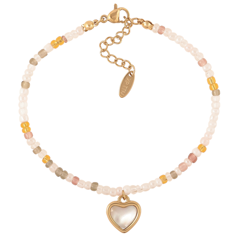 Браслет Xuping ТТМ Stainless Steel колір 14К «Кольоровий бісер з перламутровим сердечком» з доп.ланцюгом 19-23см х 3мм фото №1