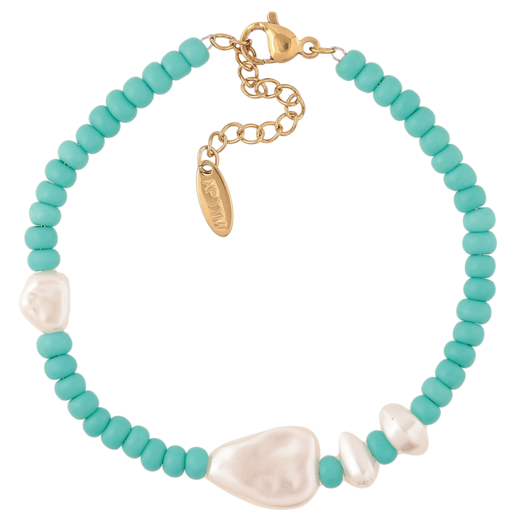 Браслет Xuping ТТМ Stainless Steel колір 14К «Бірюзові та перлинні намистини» з доп.ланцюгом 17-20.5см х 4мм фото №5