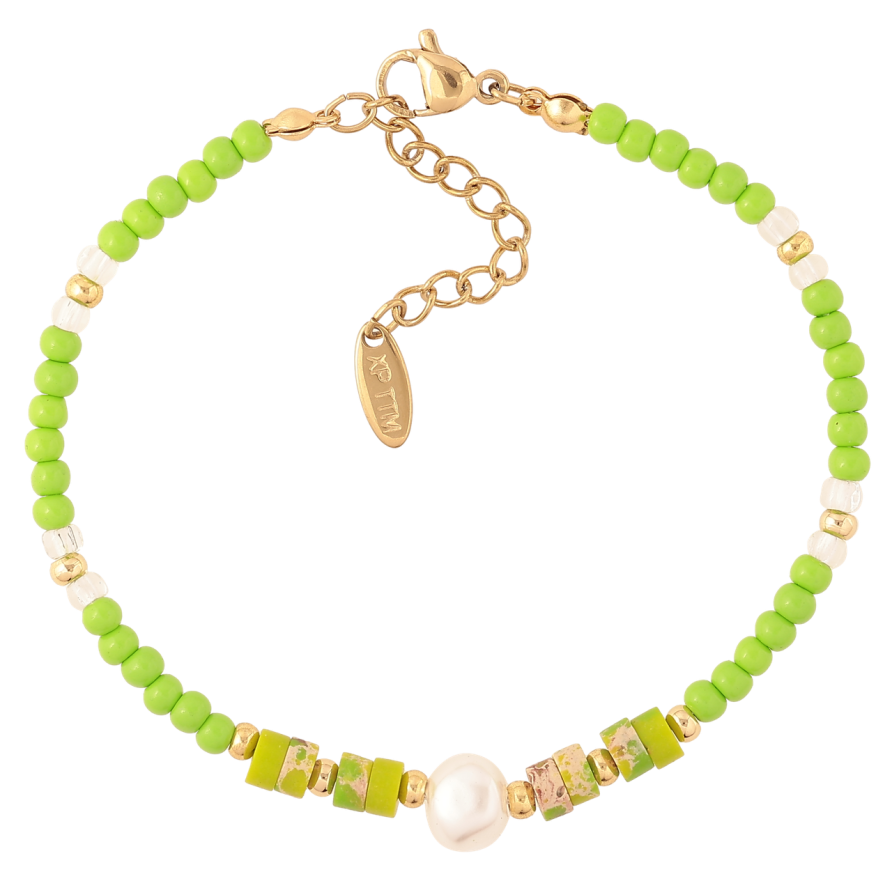 Браслет Xuping ТТМ Stainless Steel цвет 14К Салатовые и жемчужные бусины с доп.цеп 18-21см х 3мм фото №1