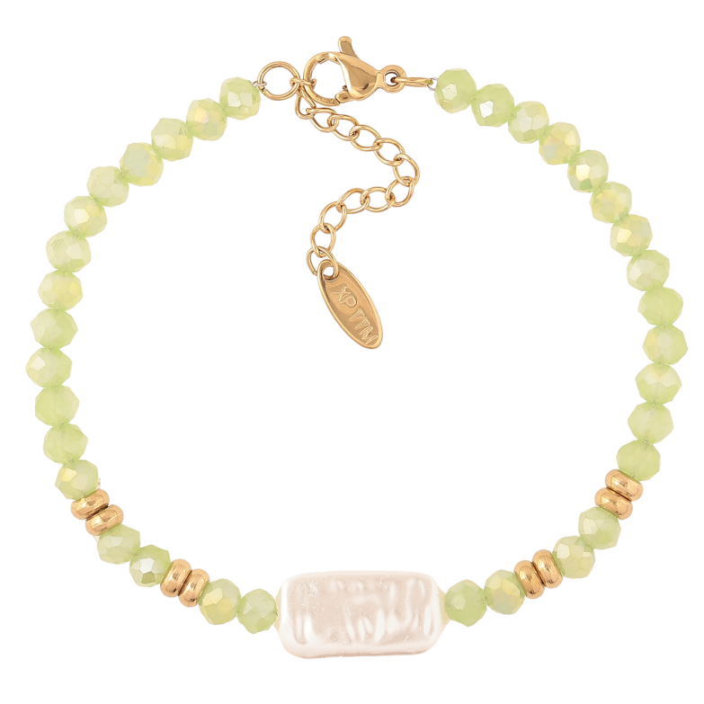 Браслет Xuping ТТМ Stainless Steel цвет 14К Салатовые и жемчужные бусины с доп.цеп 17.5-21см х 4мм фото №1