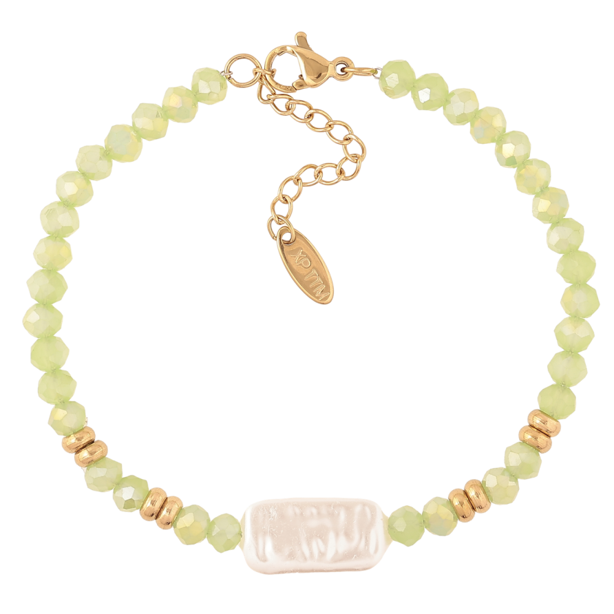 Браслет Xuping ТТМ Stainless Steel цвет 14К Салатовые и жемчужные бусины с доп.цеп 17.5-21см х 4мм фото №1