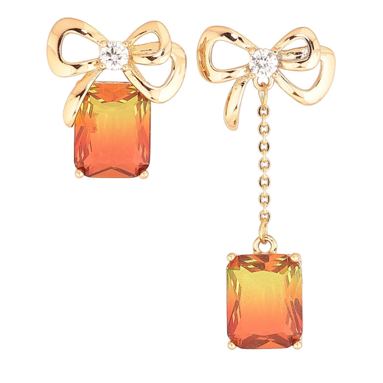 Серьги Xuping Позолота 18K пусеты Ассиметричные банты с желто-красными кристаллами фото №1