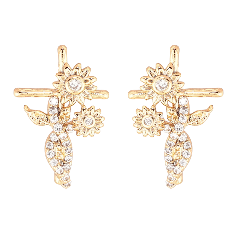 Серьги Xuping Позолота 18K пусеты Крестики с цветочками фото №1