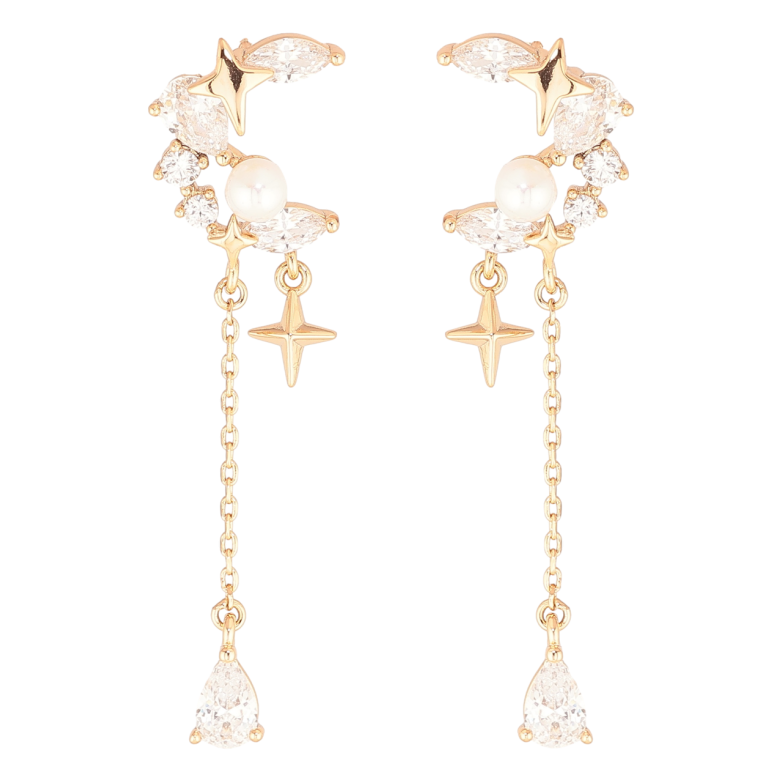 Сережки Xuping Позолота 18K пусети «Кришталеві півмісяці з зірками» фото №1 Сережки Xuping Позолота 18K пусети «Кришталеві півмісяці з зірками» фото №1