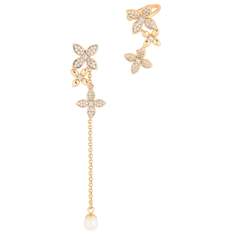 Серьги Xuping Позолота 18K пусеты-каффа Ассиметричный цветочный узор с жемчужной подвеской фото №1