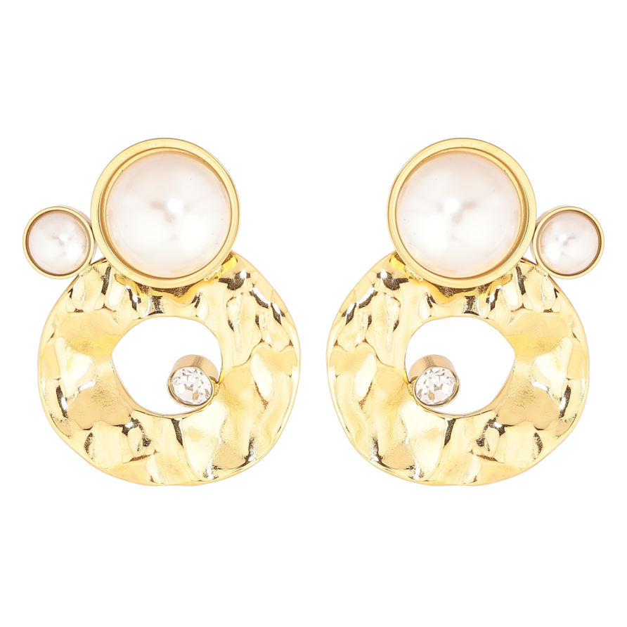 Сережки Xuping TTM Stainless Steel колір 14К пусети «Декоративні кола з кристалами та перлинами» фото №1