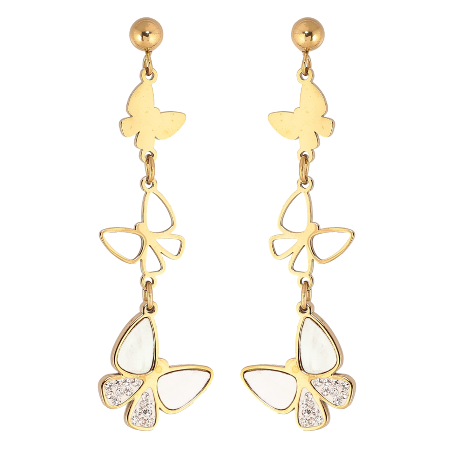 Сережки Xuping TTM Stainless Steel колір 14К пусети «Метелики з кристалами та перламутровими вставками» фото №1