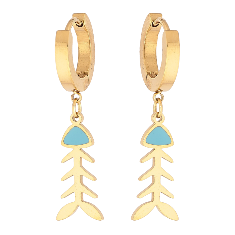 Сережки Xuping TTM Stainless Steel колір 14К підвіски на колечках «Рибні скелети з блакитною емаллю» фото №1