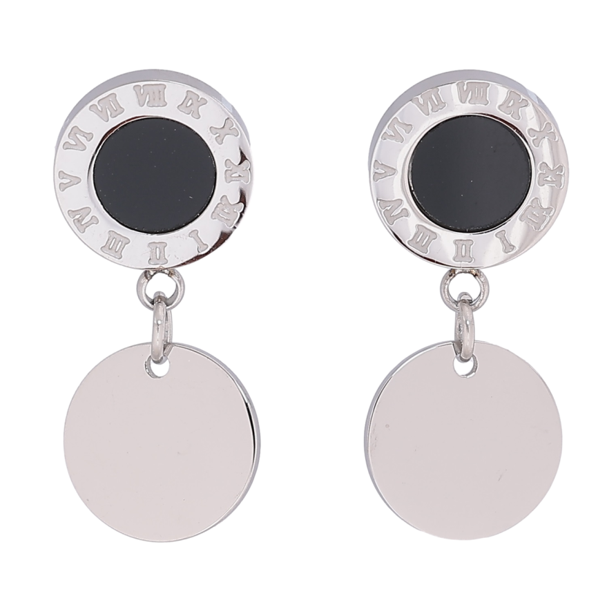 Сережки Xuping TTM Stainless Steel колір Родій пусети «Круглі підвіски з циферблатом і чорною вставкою» фото №1 Сережки Xuping TTM Stainless Steel колір Родій пусети «Круглі підвіски з циферблатом і чорною вставкою» фото №1