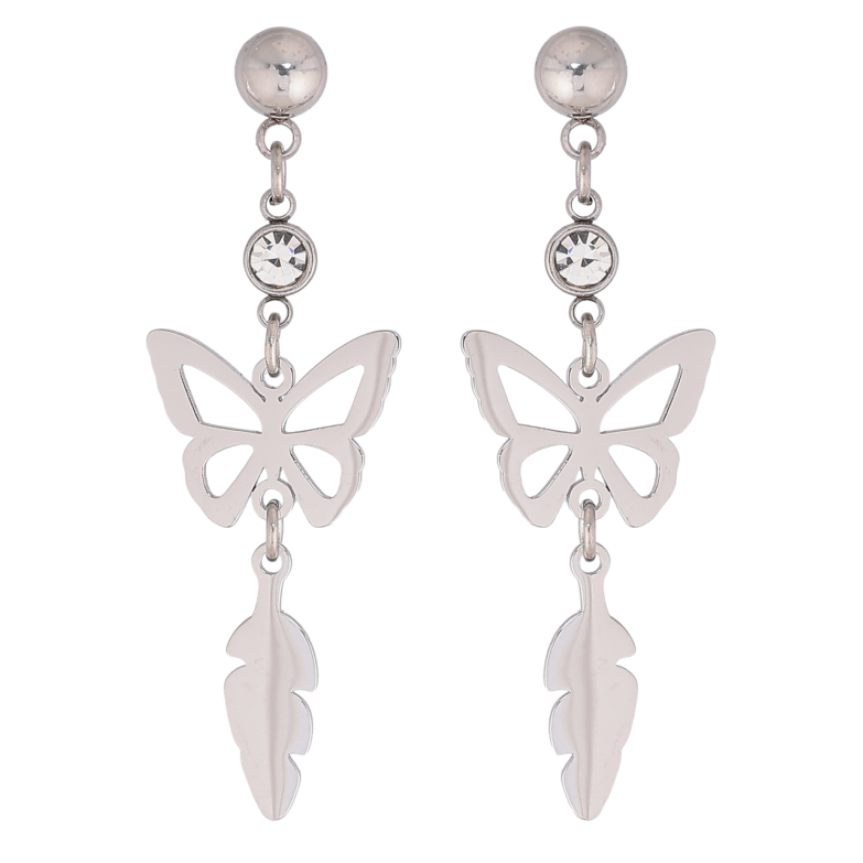 Сережки Xuping TTM Stainless Steel колір Родій пусети «Підвіски метелик з пером» фото №1 Сережки Xuping TTM Stainless Steel колір Родій пусети «Підвіски метелик з пером» фото №1