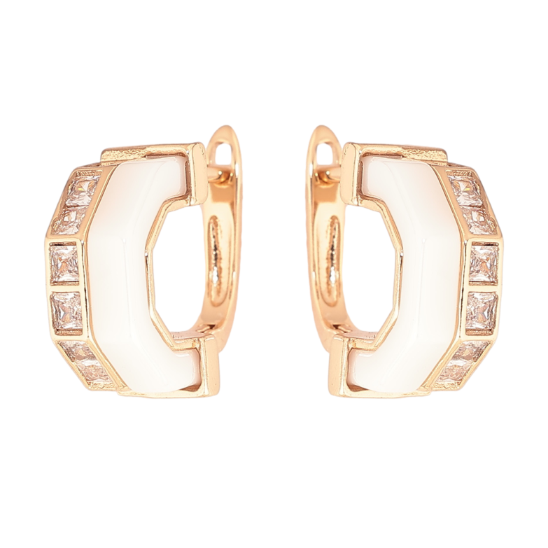 Серьги Xuping Позолота 18K английский замок Белая керамика с дорожками кристаллов фото №2 Серьги Xuping Позолота 18K английский замок Белая керамика с дорожками кристаллов фото №2