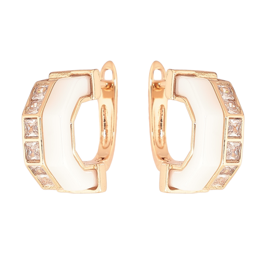 Серьги Xuping Позолота 18K английский замок Белая керамика с дорожками кристаллов фото №1 Серьги Xuping Позолота 18K английский замок Белая керамика с дорожками кристаллов фото №1