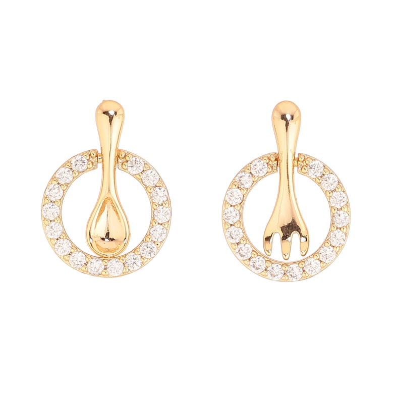 Сережки Xuping Позолота 18K пусети «Ложка з виделкою в колечках кристалів» фото №1 Сережки Xuping Позолота 18K пусети «Ложка з виделкою в колечках кристалів» фото №1