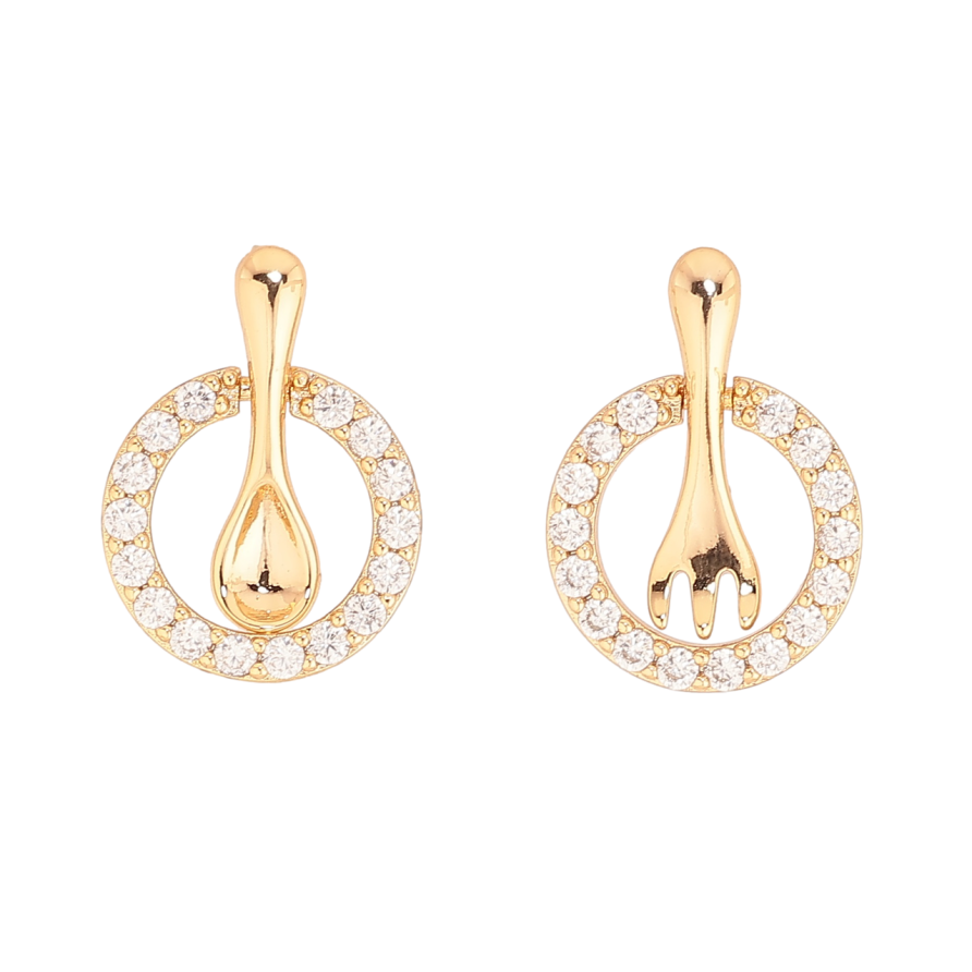 Сережки Xuping Позолота 18K пусети «Ложка з виделкою в колечках кристалів» фото №1