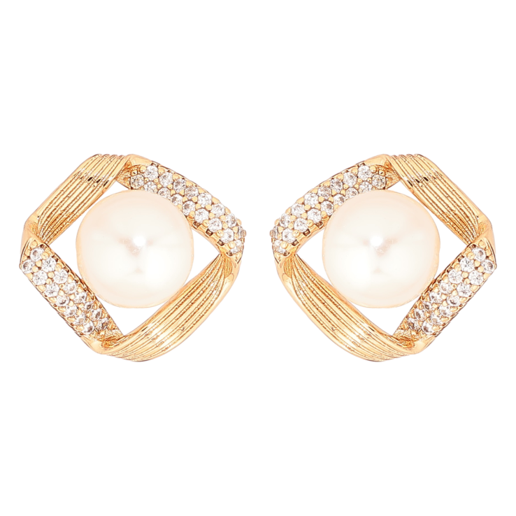 Сережки Xuping Позолота 18K пусети «Ромби з інкрустацією кристалами та перлинами» фото №2