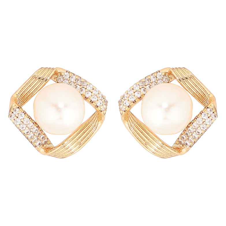 Серьги Xuping Позолота 18K пусеты Ромбы с инкрустацией кристаллами и жемчужинами фото №1