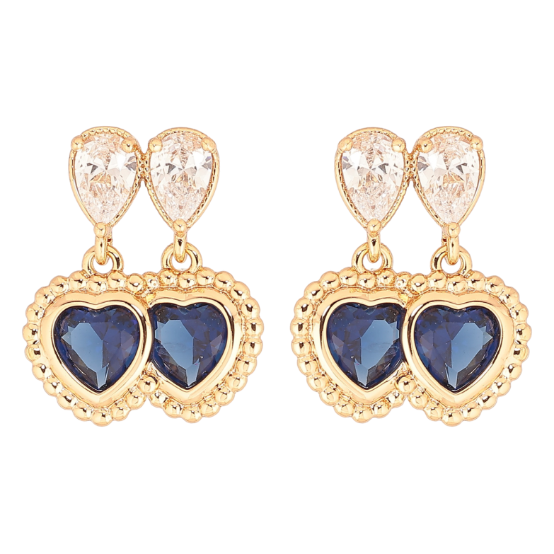 Серьги Xuping Позолота 18K пусеты Двойные синие кристальные сердечки фото №1 Серьги Xuping Позолота 18K пусеты Двойные синие кристальные сердечки фото №1