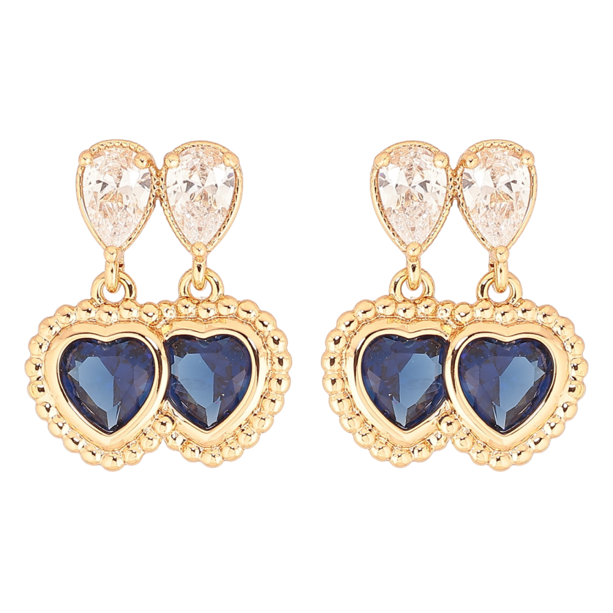 Сережки Xuping Позолота 18K пусети «Подвійні сині кристальні сердечка» фото №1