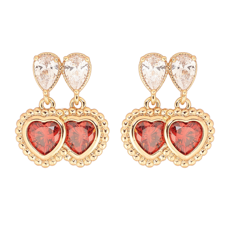 Сережки Xuping Позолота 18K пусети «Подвійні червоні кристальні сердечка» фото №6