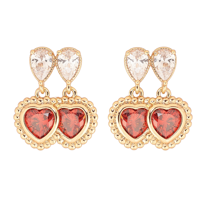 Серьги Xuping Позолота 18K пусеты Двойные красные кристальные сердечки фото №1