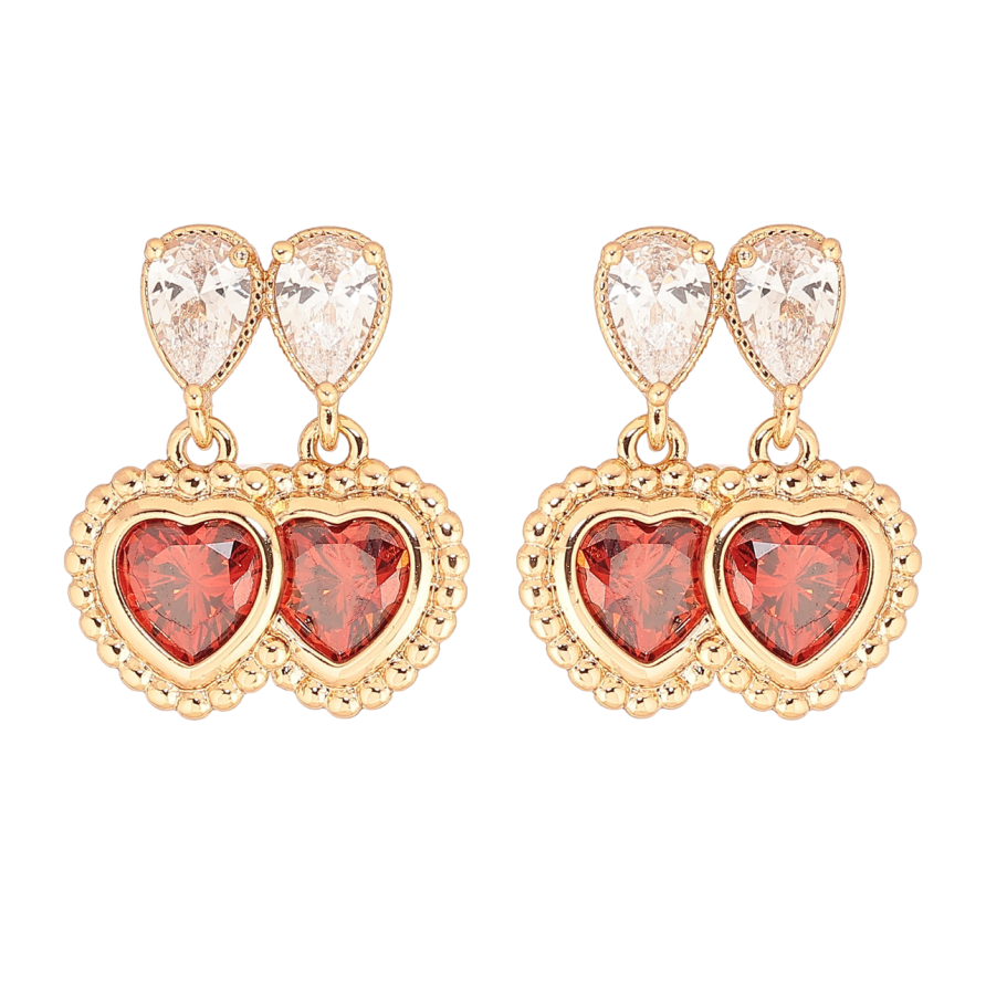 Сережки Xuping Позолота 18K пусети «Подвійні червоні кристальні сердечка» фото №1