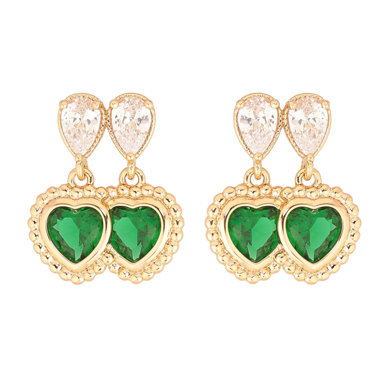 Серьги Xuping Позолота 18K пусеты Двойные зеленые кристальные сердечки фото №1