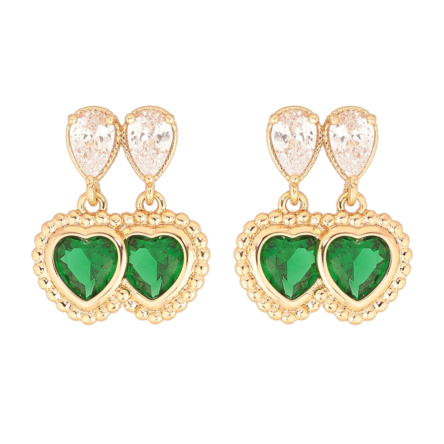 Сережки Xuping Позолота 18K пусети «Подвійні зелені кристальні сердечка» фото №1