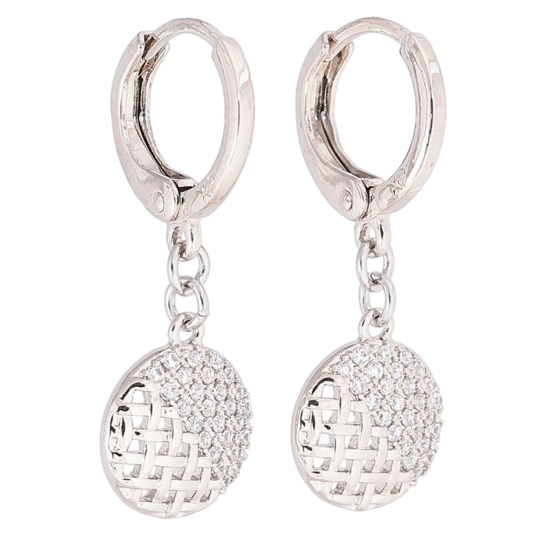 Серьги Xuping Родий подвески на колечках Резные круги с кристаллами на одну сторону фото №1 Серьги Xuping Родий подвески на колечках Резные круги с кристаллами на одну сторону фото №1