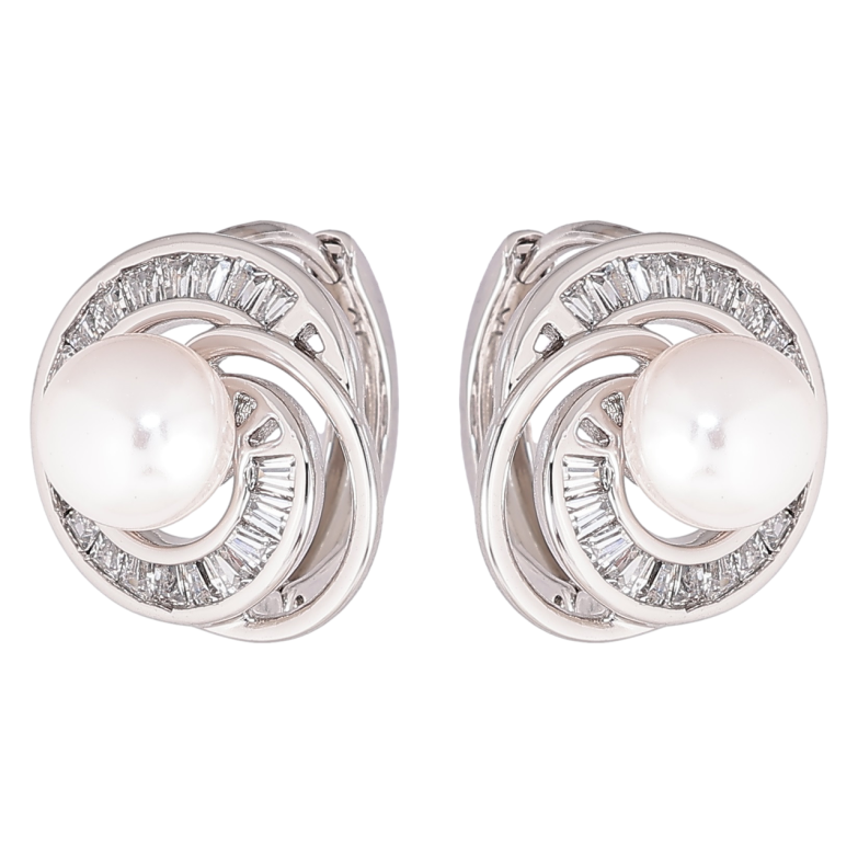 Серьги Xuping Родий колечки Спиральный узор с кристаллами и жемчужинами фото №1 Серьги Xuping Родий колечки Спиральный узор с кристаллами и жемчужинами фото №1