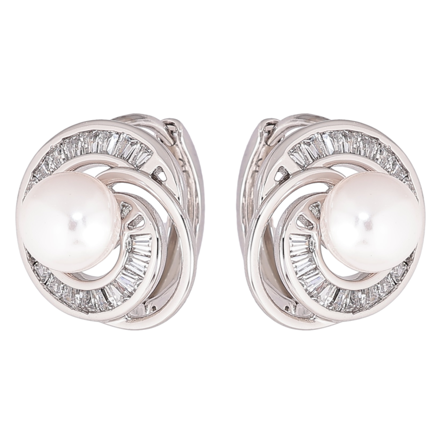 Серьги Xuping Родий колечки Спиральный узор с кристаллами и жемчужинами фото №1 Серьги Xuping Родий колечки Спиральный узор с кристаллами и жемчужинами фото №1