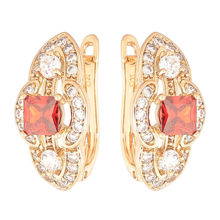 Серьги Xuping Позолота 18K английский замок Декоративный узор с красными кристаллами и инкрустацией фото №3