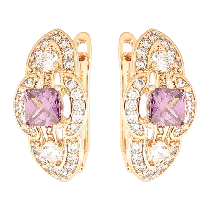 Серьги Xuping Позолота 18K английский замок Декоративный узор с сиреневыми кристаллами и инкрустацией фото №21