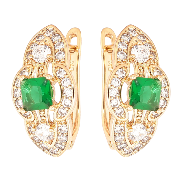 Серьги Xuping Позолота 18K английский замок Декоративный узор с зелеными кристаллами и инкрустацией фото №7