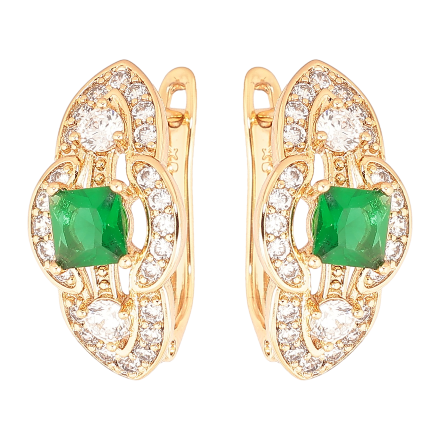 Серьги Xuping Позолота 18K английский замок Декоративный узор с зелеными кристаллами и инкрустацией фото №1