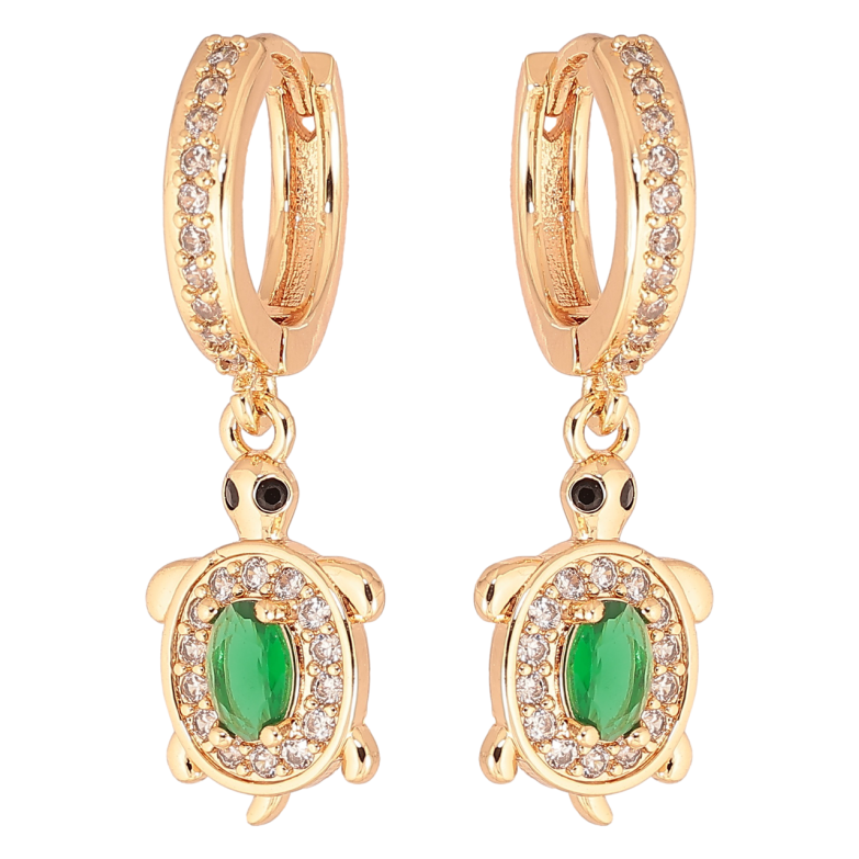 Серьги Xuping M&L Цвет 18K подвески на колечках Черепашки с зелеными кристаллами фото №1