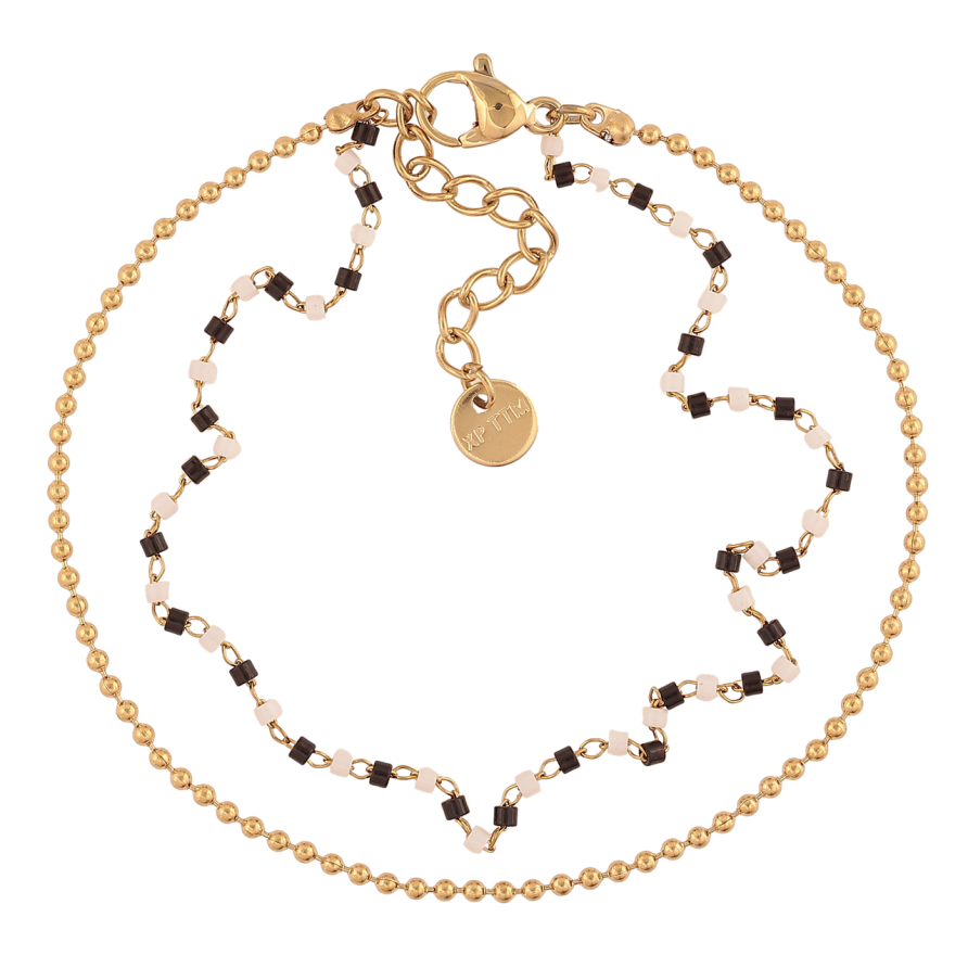 Браслет Xuping ТТМ Stainless Steel цвет 14К Двойная цепочка с черно-белым бисером с доп.цеп 17.5-20.5см х4мм фото №1