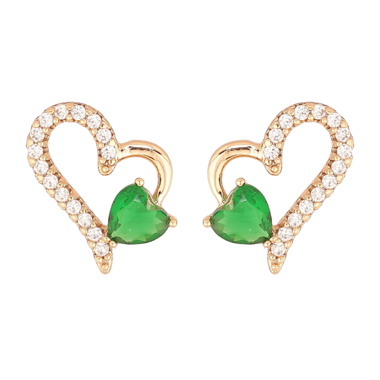 Серьги Xuping Позолота 18K пусеты Сердечки с зелеными кристаллами фото №1