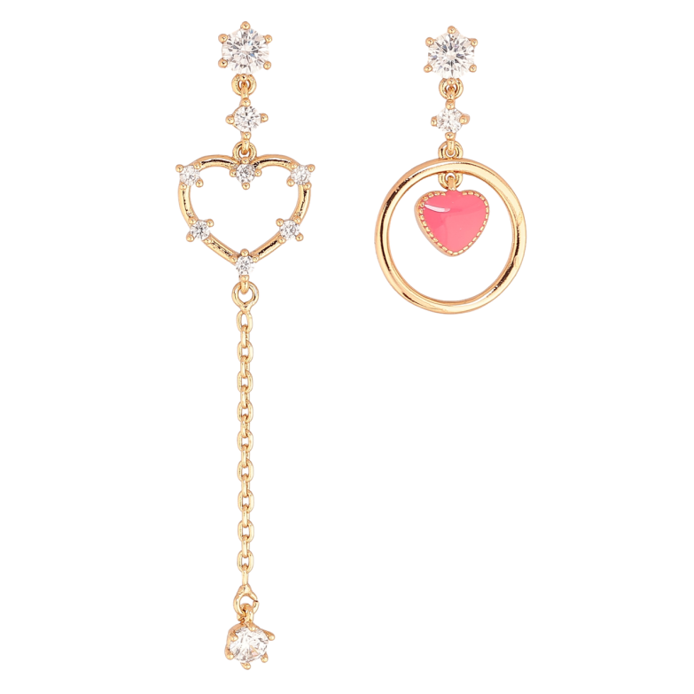 Сережки Xuping Позолота 18K пусети «Асиметричні підвіски сердечка з кристалами та рожевою емаллю» фото №1