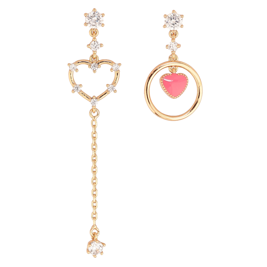 Сережки Xuping Позолота 18K пусети «Асиметричні підвіски сердечка з кристалами та рожевою емаллю» фото №1