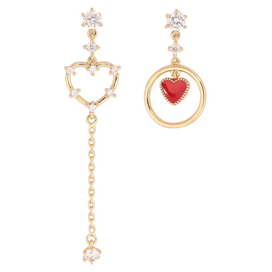 Сережки Xuping Позолота 18K пусети «Асиметричні підвіски сердечка з кристалами та червоною емаллю» фото №1