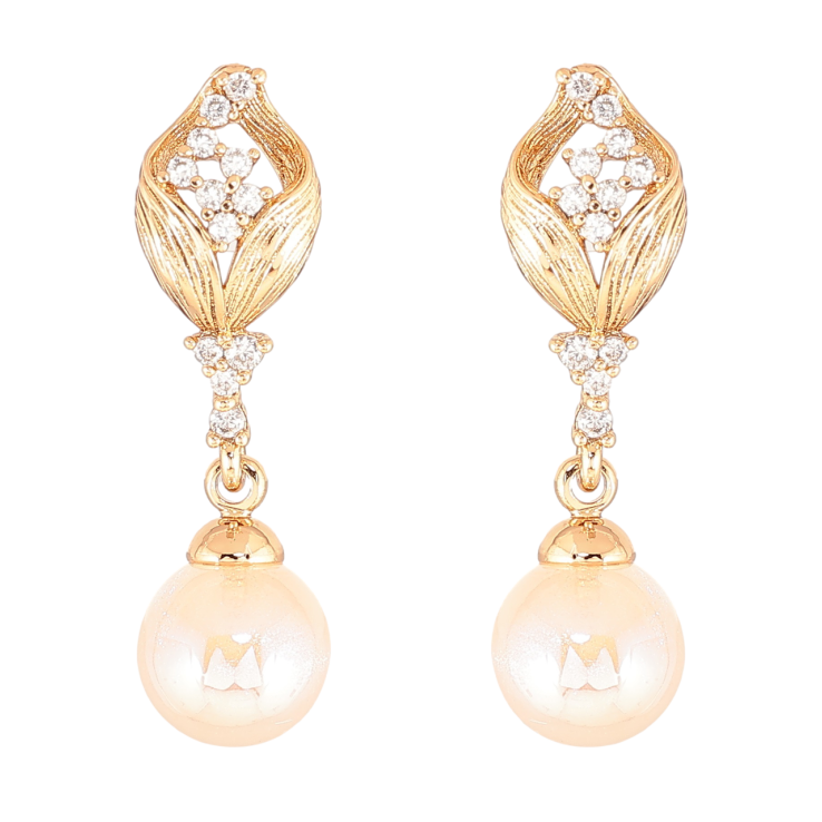 Сережки Xuping Позолота 18K пусети «Підвіски з бежевими перлинами та кришталевими бутонами» фото №6