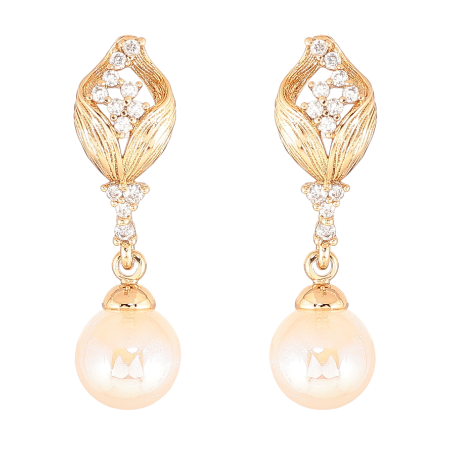 Сережки Xuping Позолота 18K пусети «Підвіски з бежевими перлинами та кришталевими бутонами» фото №1